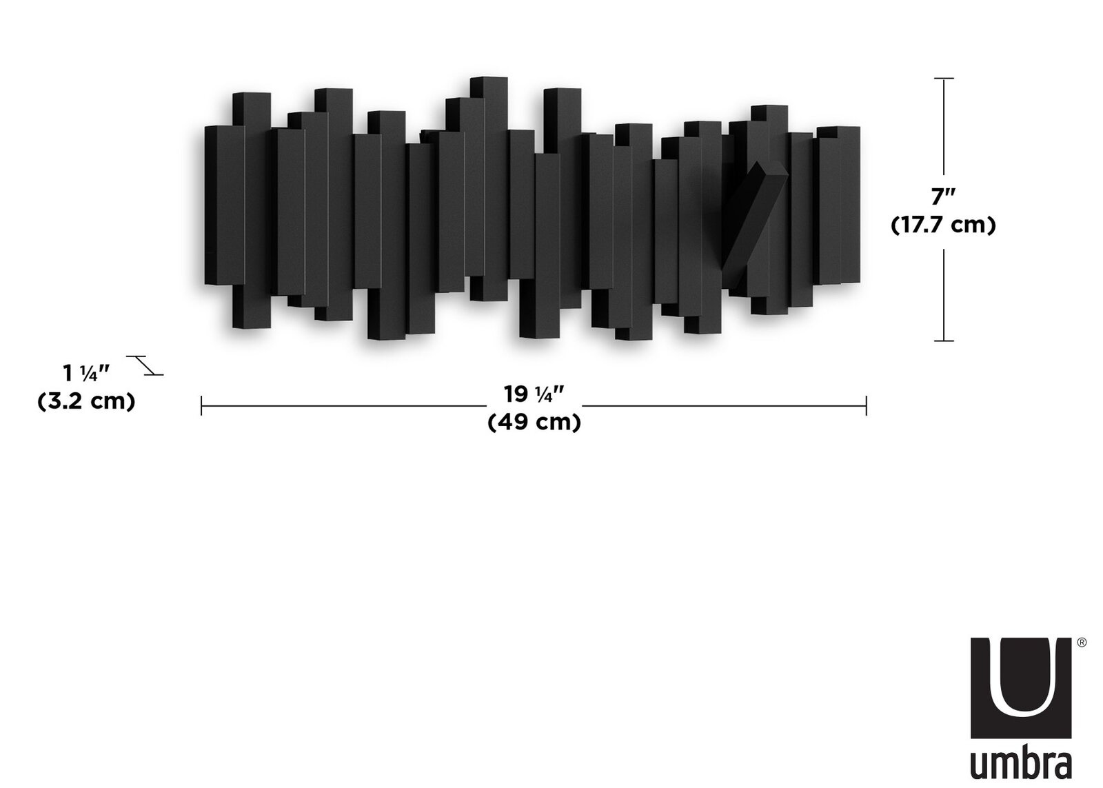 Schwarze Wandgarderobe von Umbra mit modernem, geometrischem Design, Vorderansicht.