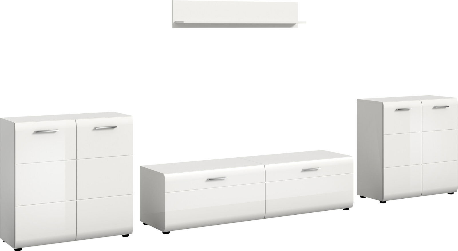 Drei weiße, hochglänzende Sideboards/Kommoden mit silbernen Griffen und schwarzen Füßen, in Frontansicht mit leichter Schrägperspektive auf weißem Hintergrund