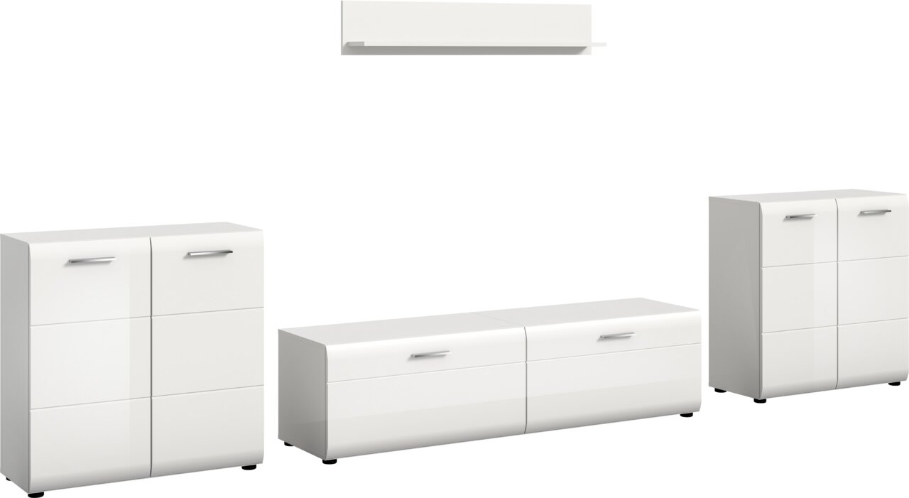 Drei weiße, hochglänzende Sideboards/Kommoden mit silbernen Griffen und schwarzen Füßen, in Frontansicht mit leichter Schrägperspektive auf weißem Hintergrund