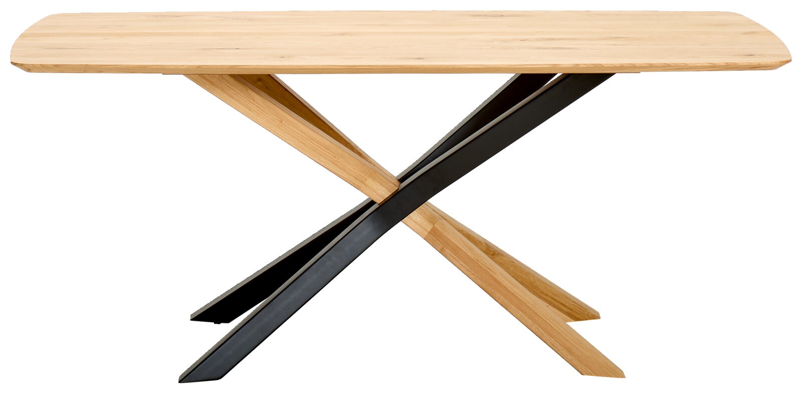 Moderner Esstisch mit Holztischplatte und gekreuzten Metallbeinen, Seitenansicht.