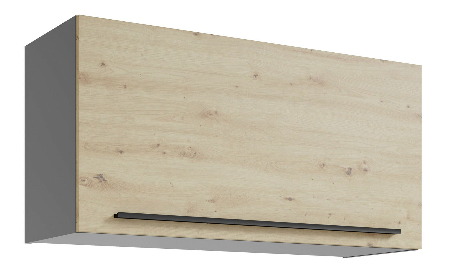 Hängeschrank mit Holzoptik und schwarzem Griff, seitliche Perspektive