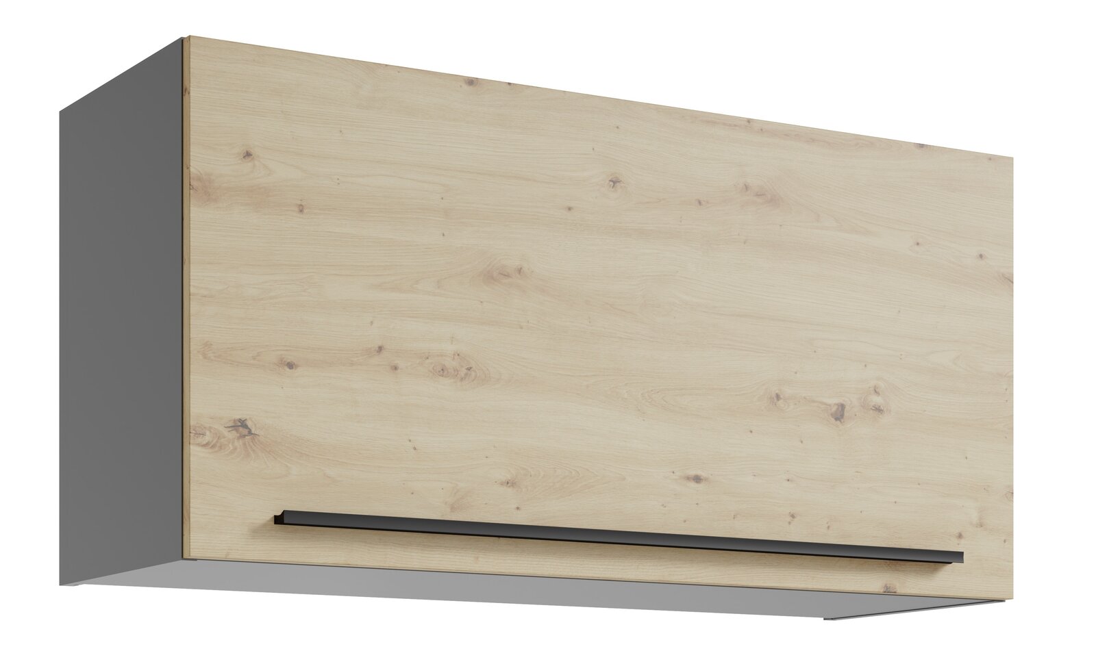 Hängeschrank mit Holzoptik und schwarzem Griff, seitliche Perspektive