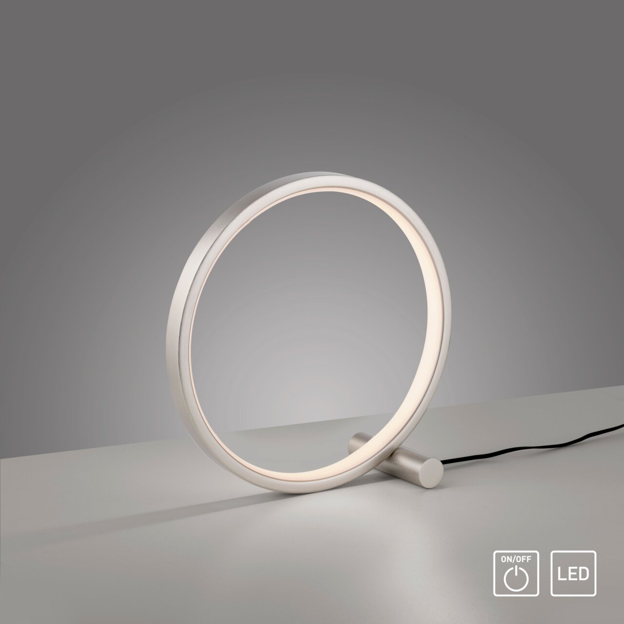 Moderne Tischleuchte MINI RITUS in Ringform mit LED-Beleuchtung, seitliche Perspektive