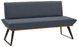 Moderne Bank mit grauem Stoffbezug und schwarzem Metallgestell, seitliche Perspektive
