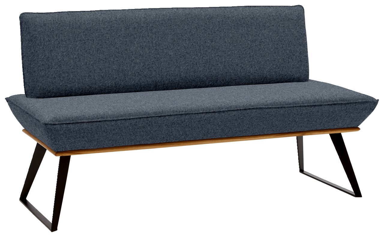 Voleo Bank 180 cm MALIBU Moderne Bank mit grauem Stoffbezug und schwarzem Metallgestell, seitliche Perspektive