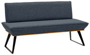Moderne Bank mit grauem Stoffbezug und schwarzem Metallgestell, seitliche Perspektive