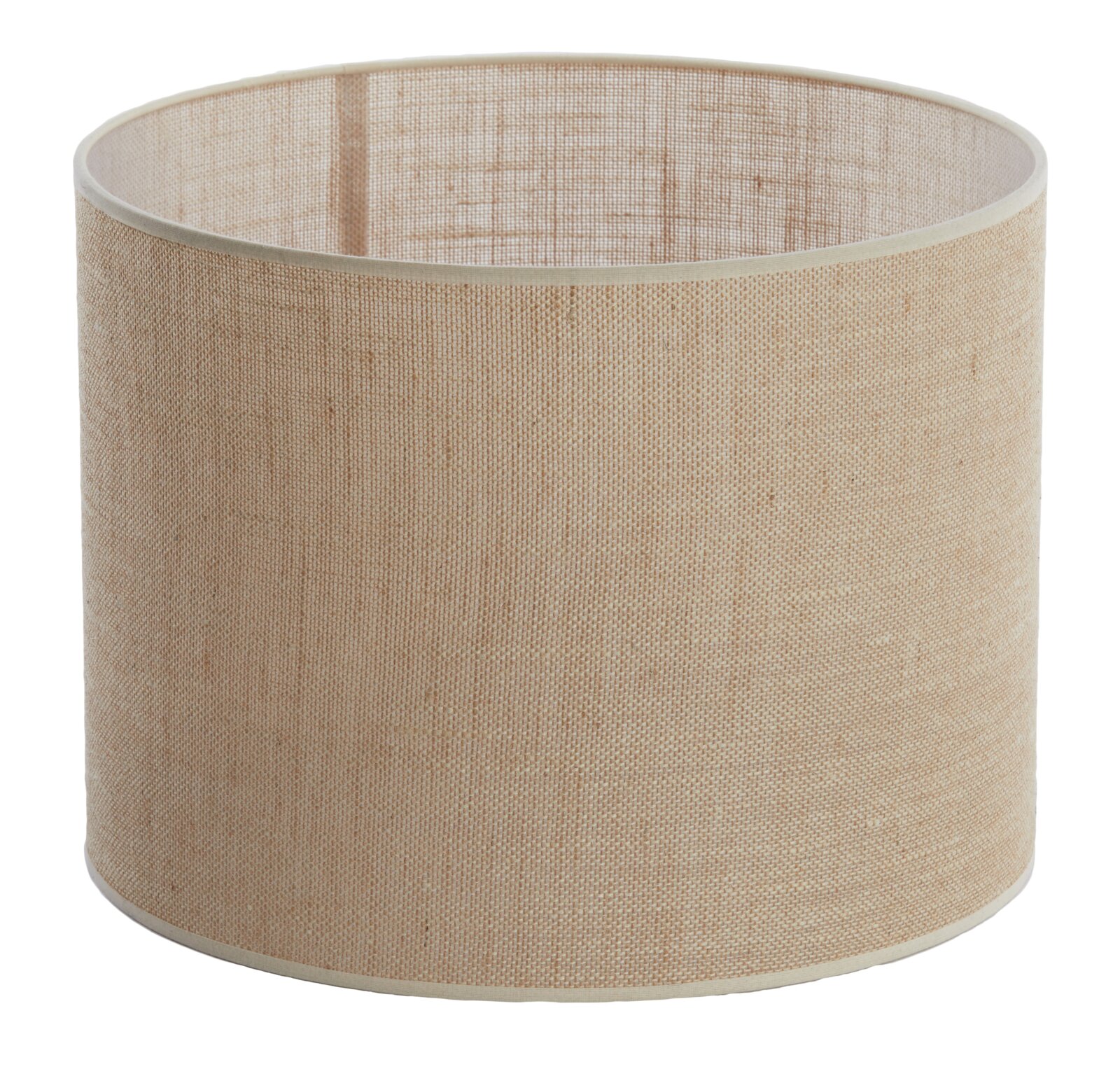 Cilindrische lampenkap van beige stof, zijaanzicht