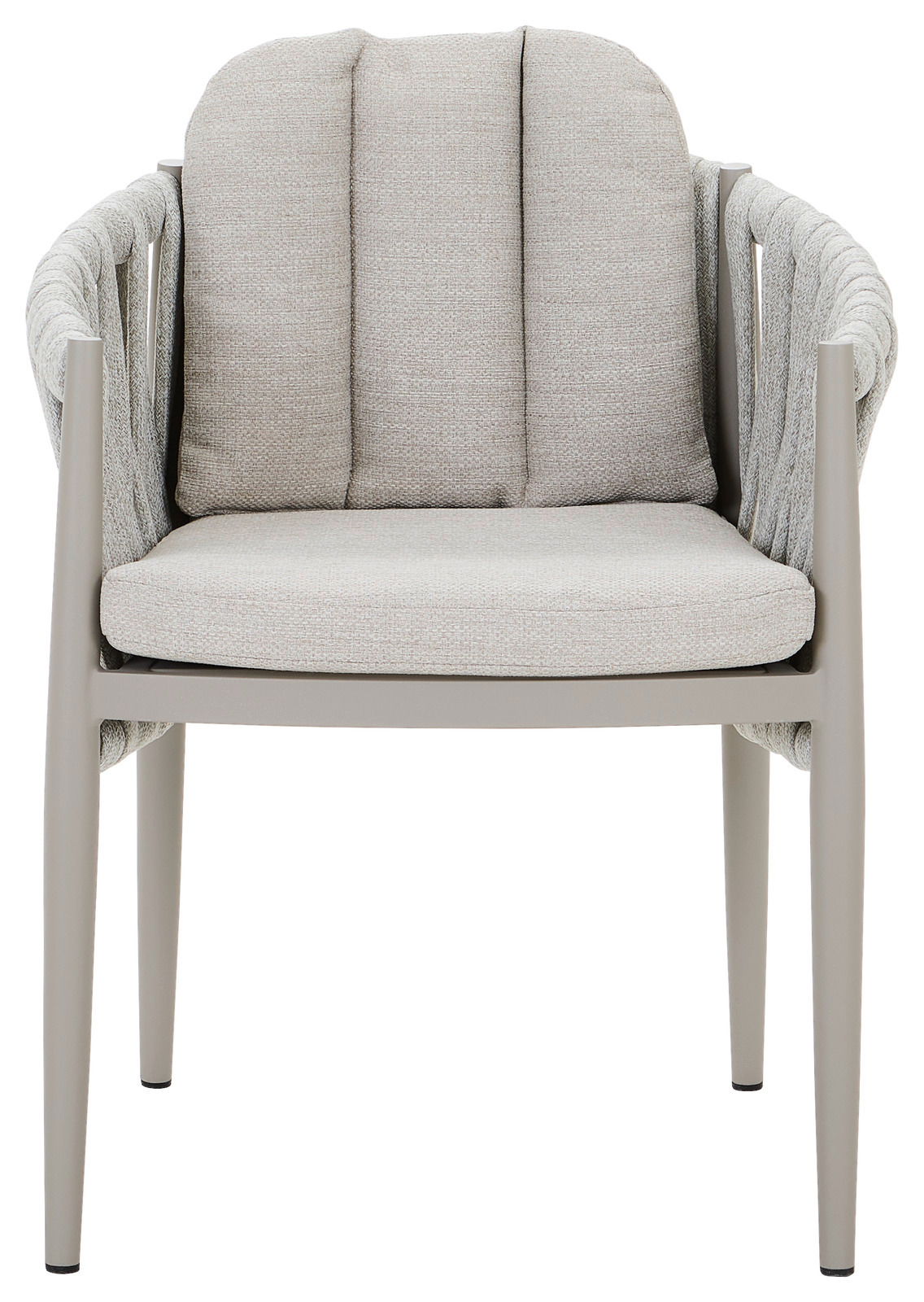 Moderner Gartensessel mit beigem Polster und geflochtenen Armlehnen, Frontalansicht