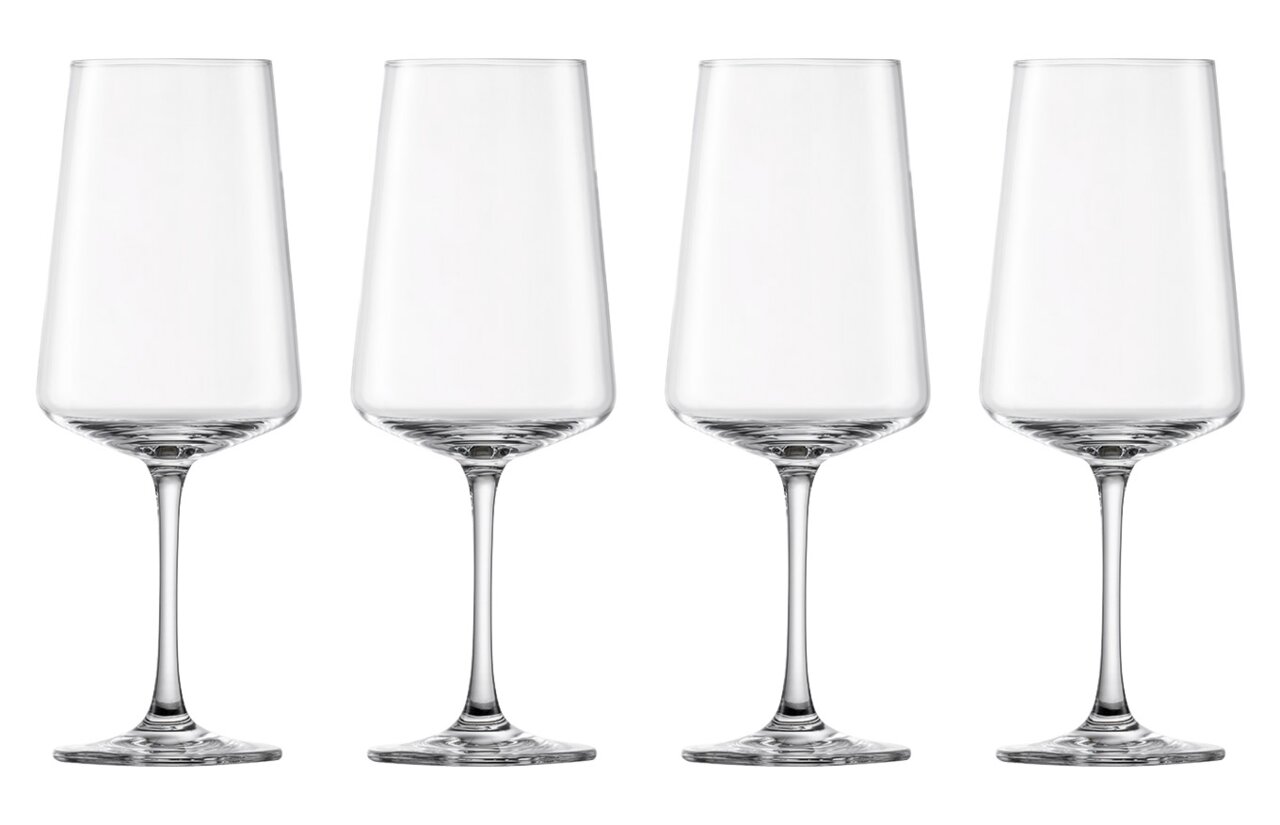 SCHOTT ZWIESEL Rotweinglas 4er-Set MIOVINO Vier elegante Rotweingläser in einer frontalen Ansicht auf weißem Hintergrund.