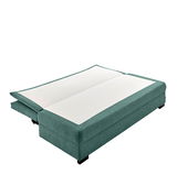 Funktionssofa in grüner Farbe, von schräg oben fotografiert, in ausgeklappter Position.