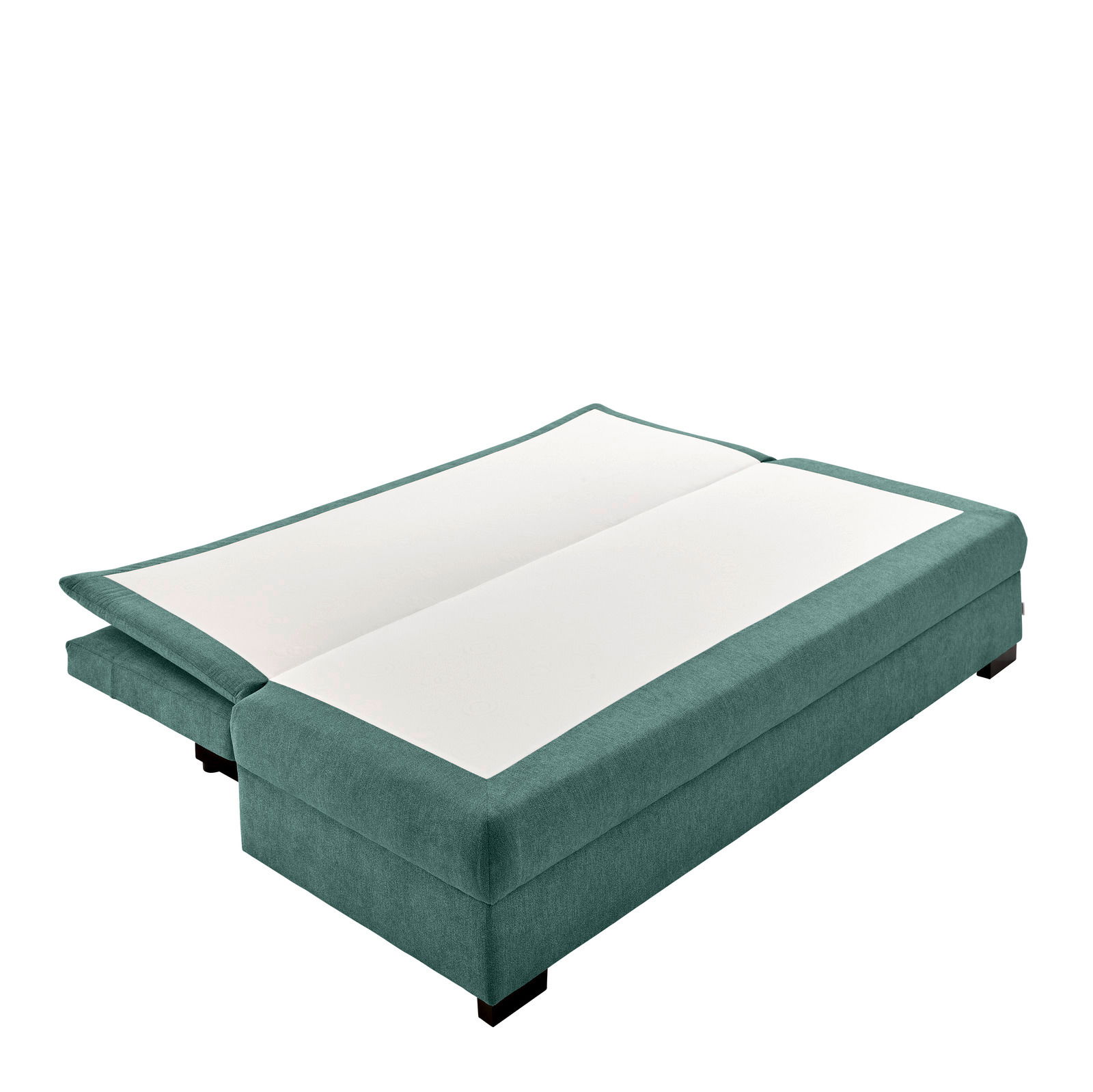 Funktionssofa in grüner Farbe, von schräg oben fotografiert, in ausgeklappter Position.