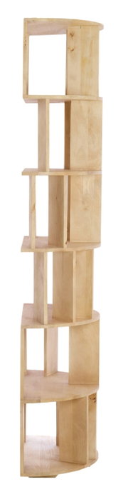 Moderne, vrijstaande wandkast van licht hout met een asymmetrisch ontwerp, gezien vanaf de zijkant.