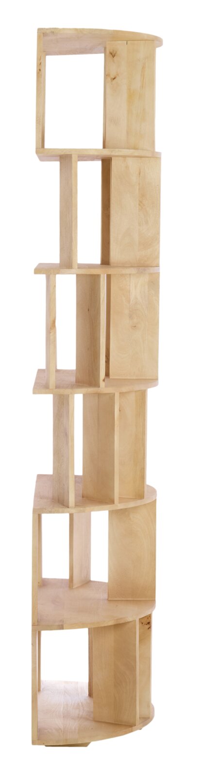 Moderne, vrijstaande wandkast van licht hout met een asymmetrisch ontwerp, gezien vanaf de zijkant.