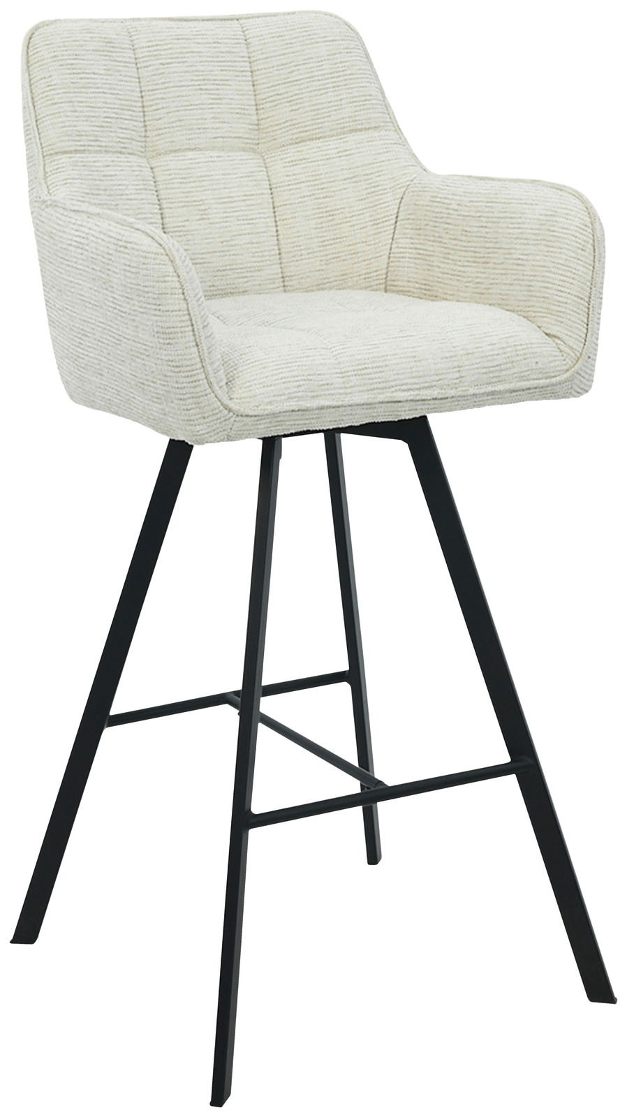 Moderner Barhocker mit gepolstertem, cremefarbenem Sitz und schwarzem Metallgestell, seitliche Perspektive