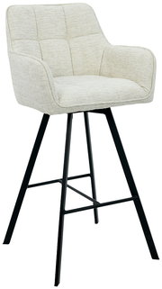 Moderner Barhocker mit gepolstertem, cremefarbenem Sitz und schwarzem Metallgestell, seitliche Perspektive