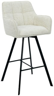 Moderner Barhocker mit gepolstertem, cremefarbenem Sitz und schwarzem Metallgestell, seitliche Perspektive