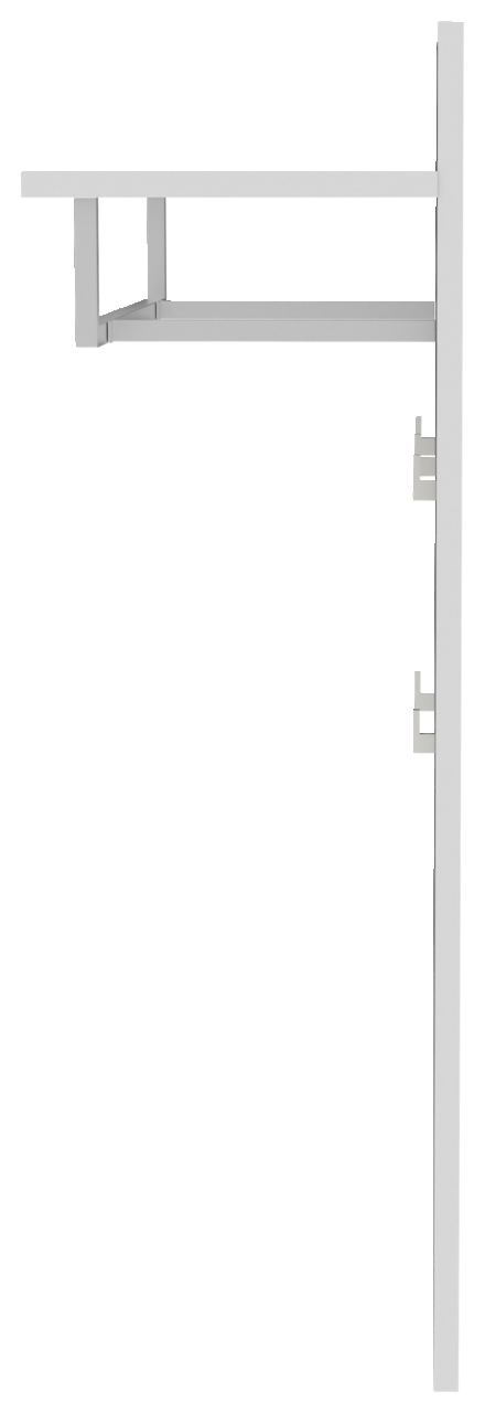 Weiße Wandkonsole mit Ablage und vertikaler Schiene, Seitenansicht (Profil) vor weißem Hintergrund