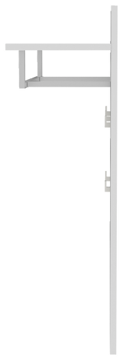 Weiße Wandkonsole mit Ablage und vertikaler Schiene, Seitenansicht (Profil) vor weißem Hintergrund