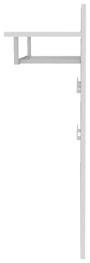 Witte wandconsole met legplank en verticale rail, zijaanzicht (profiel) tegen een witte achtergrond