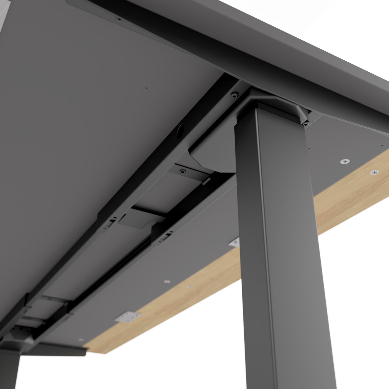 Unteransicht eines höhenverstellbaren E-Schreibtischs mit Metallrahmen und Holzplatte.