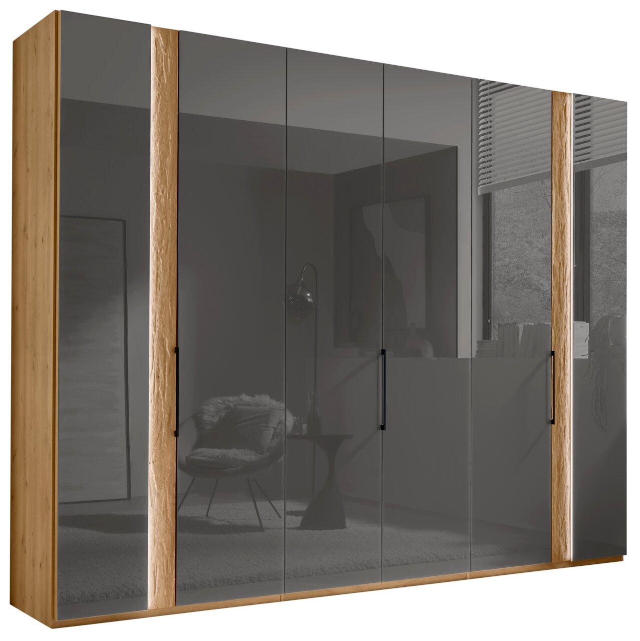 Dieter Knoll Drehtürenschrank 6-trg. ALESA Sechstüriger Drehtürenschrank mit Holz- und Glaselementen, seitliche Perspektive