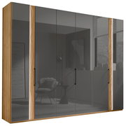 Sechstüriger Drehtürenschrank mit Holz- und Glaselementen, seitliche Perspektive