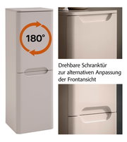 Schmaler, hellgrauer Badschrank mit zwei Türen und Griffmulden, drehbarer 180°-Schranktür zur Anpassung der Frontansicht, Produktfoto in Frontansicht mit Detailaufnahmen