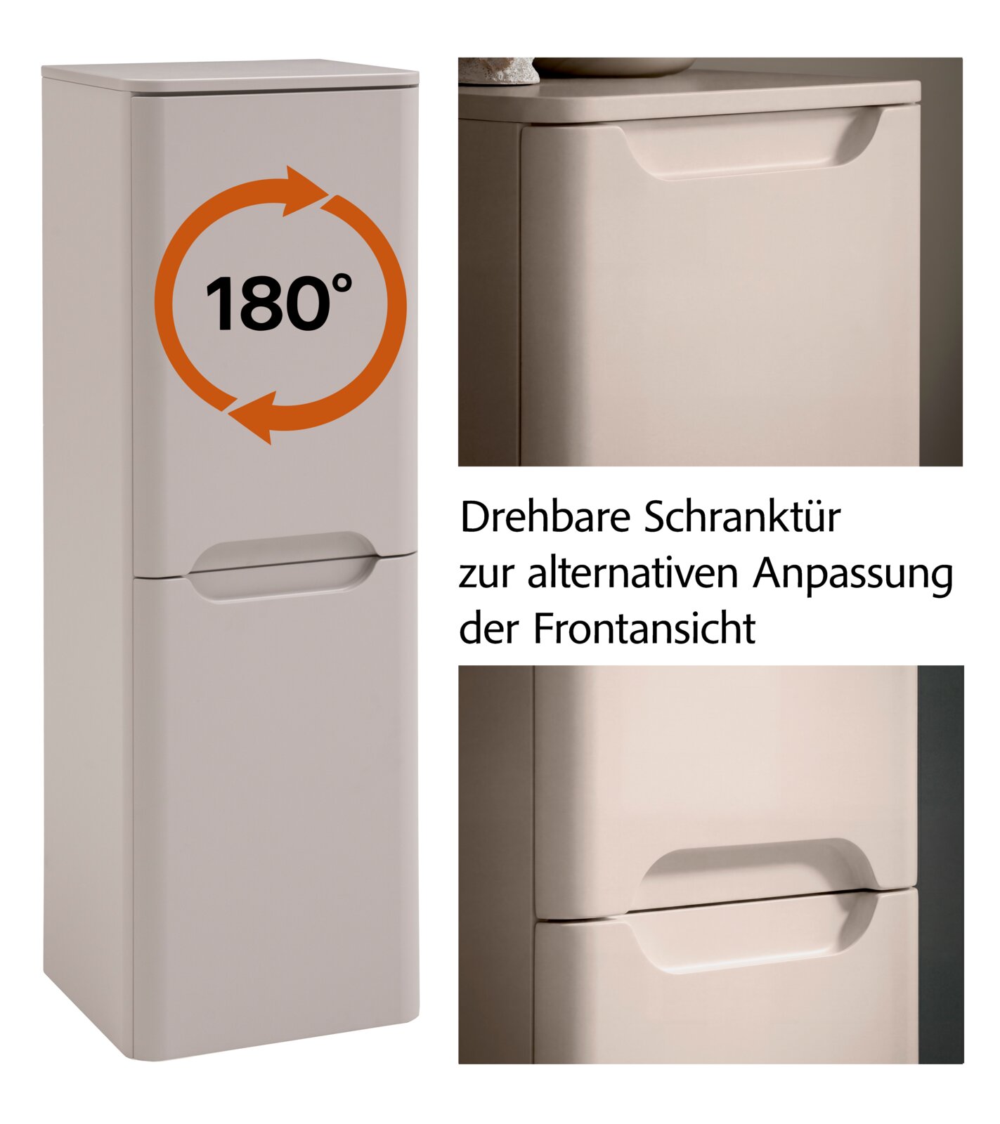 Schmaler, hellgrauer Badschrank mit zwei Türen und Griffmulden, drehbarer 180°-Schranktür zur Anpassung der Frontansicht, Produktfoto in Frontansicht mit Detailaufnahmen