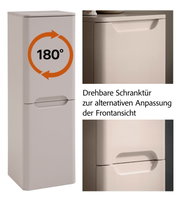 Schmaler, hellgrauer Badschrank mit zwei Türen und Griffmulden, drehbarer 180°-Schranktür zur Anpassung der Frontansicht, Produktfoto in Frontansicht mit Detailaufnahmen