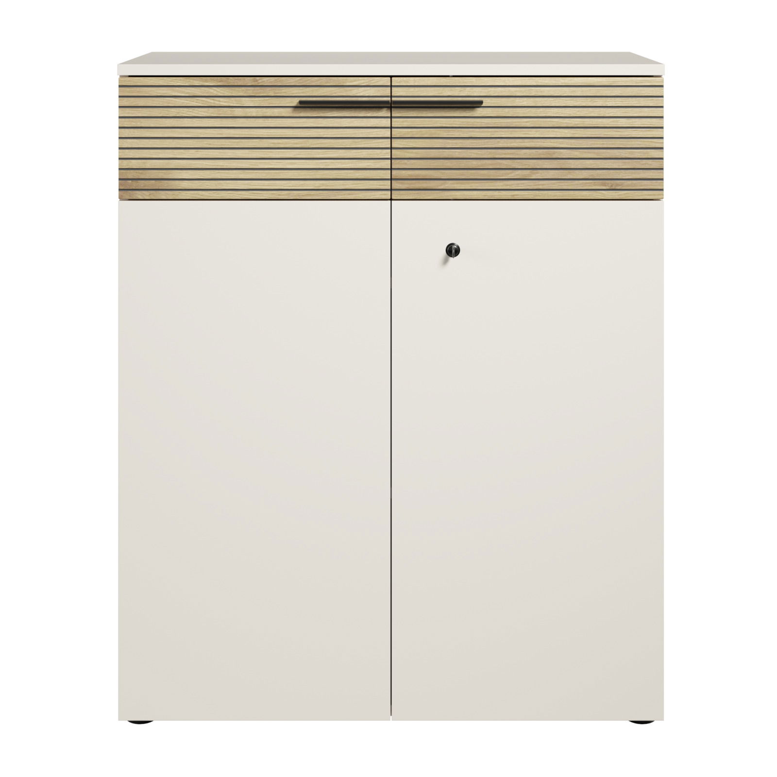 Moderner Aktenschrank mit zweifarbiger Front, Holzoptik und Metallgriff, Frontalansicht