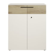 Moderner Aktenschrank mit zweifarbiger Front, Holzoptik und Metallgriff, Frontalansicht