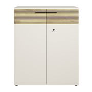 Moderner Aktenschrank mit zweifarbiger Front, Holzoptik und Metallgriff, Frontalansicht