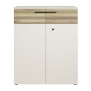 Moderner Aktenschrank mit zweifarbiger Front, Holzoptik und Metallgriff, Frontalansicht