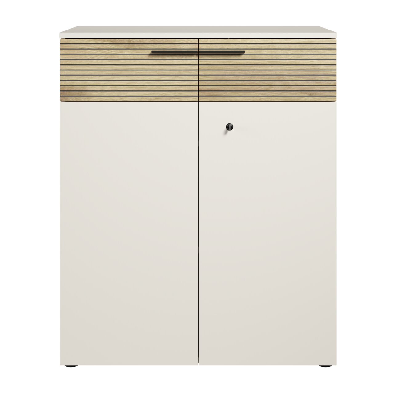 Moderner Aktenschrank mit zweifarbiger Front, Holzoptik und Metallgriff, Frontalansicht
