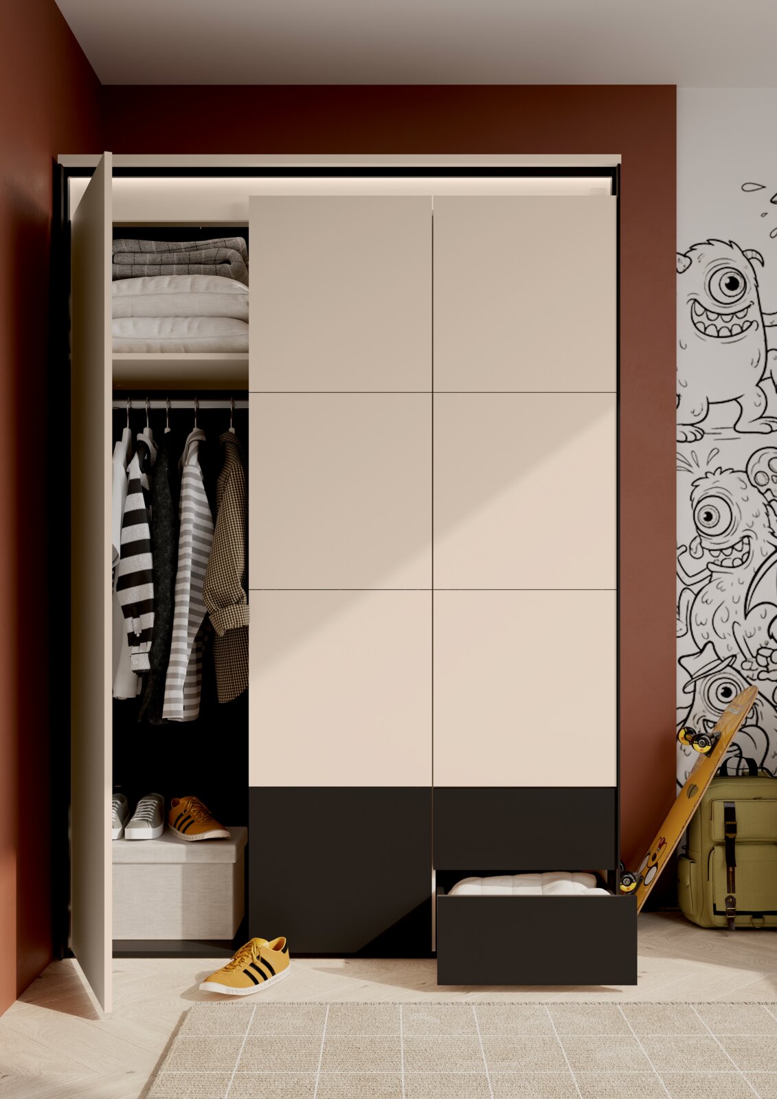 Moderne kledingkast met beige en zwarte schuifdeuren, links open met hanggedeelte en opbergvakken en rechts een uittrekbare lade; frontaal aanzicht in een kinderkamer