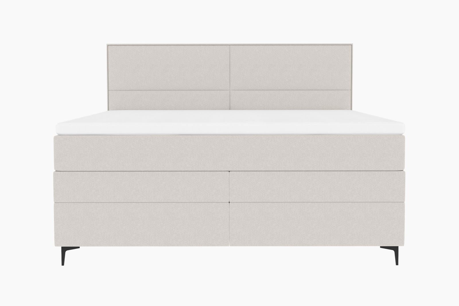 Frontale Ansicht eines modernen Boxspringbetts in hellem Beige mit schlichtem Design und schwarzen Füßen.