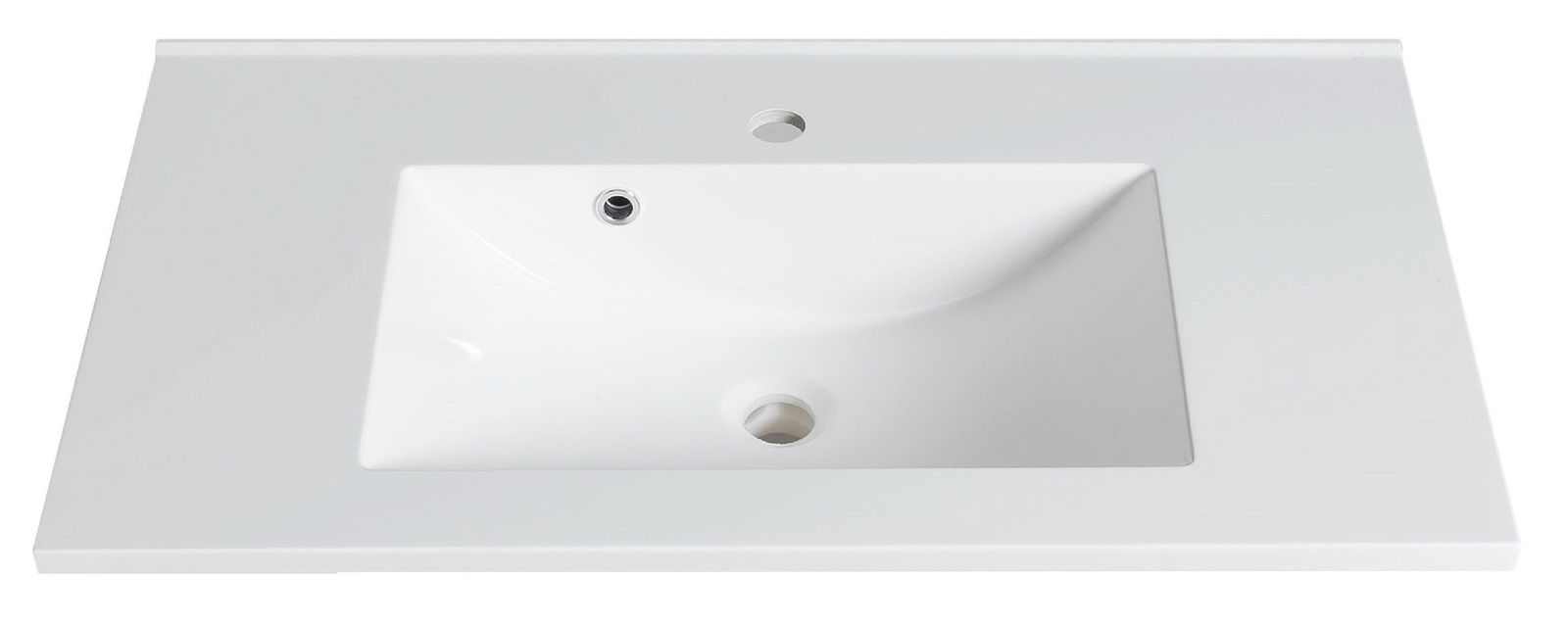 Weißes Waschtisch-Set aus der Vogelperspektive mit rechteckigem Becken und zwei Bohrungen.