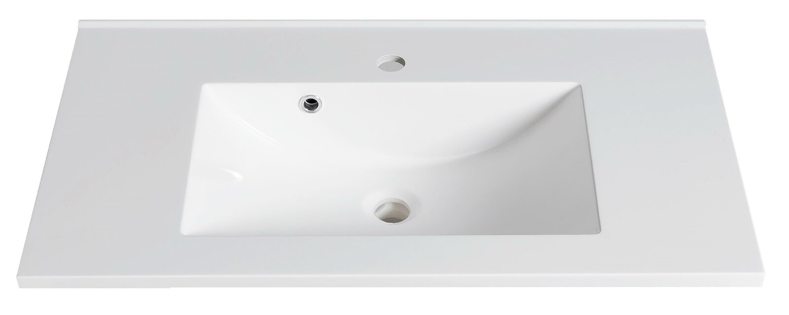 Weißes Waschtisch-Set aus der Vogelperspektive mit rechteckigem Becken und zwei Bohrungen.
