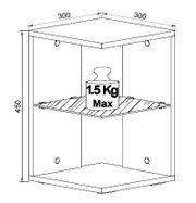 Technische Zeichnung eines dreieckigen Eckregals mit zwei Ablageflächen, Maße 300 x 300 x 450 mm und max. 15 kg Traglast, dargestellt in perspektivischer Ansicht