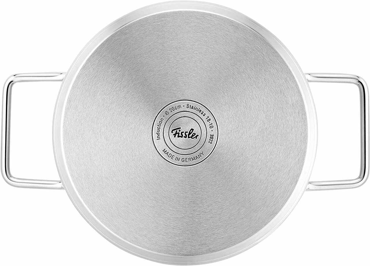 Topf aus Edelstahl mit zwei Griffen, Draufsicht, Marke Fissler, geeignet für Induktion, Durchmesser 20 cm