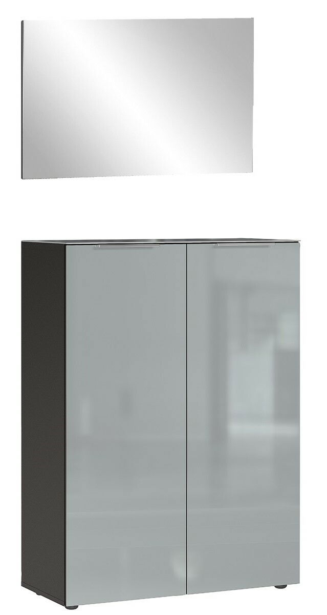 Frontale Ansicht des MID.YOU Garderoben-Sets GENOVA mit einem rechteckigen Spiegel und einem zweitürigen Schrank in modernem Design.