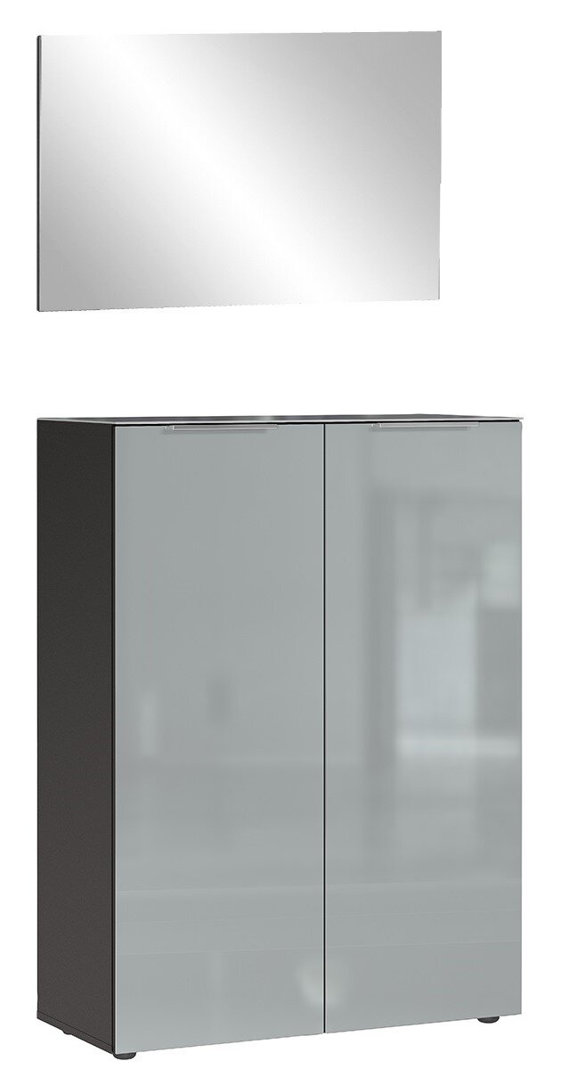 MID.YOU Garderoben-Set GENOVA Frontale Ansicht des MID.YOU Garderoben-Sets GENOVA mit einem rechteckigen Spiegel und einem zweitürigen Schrank in modernem Design.