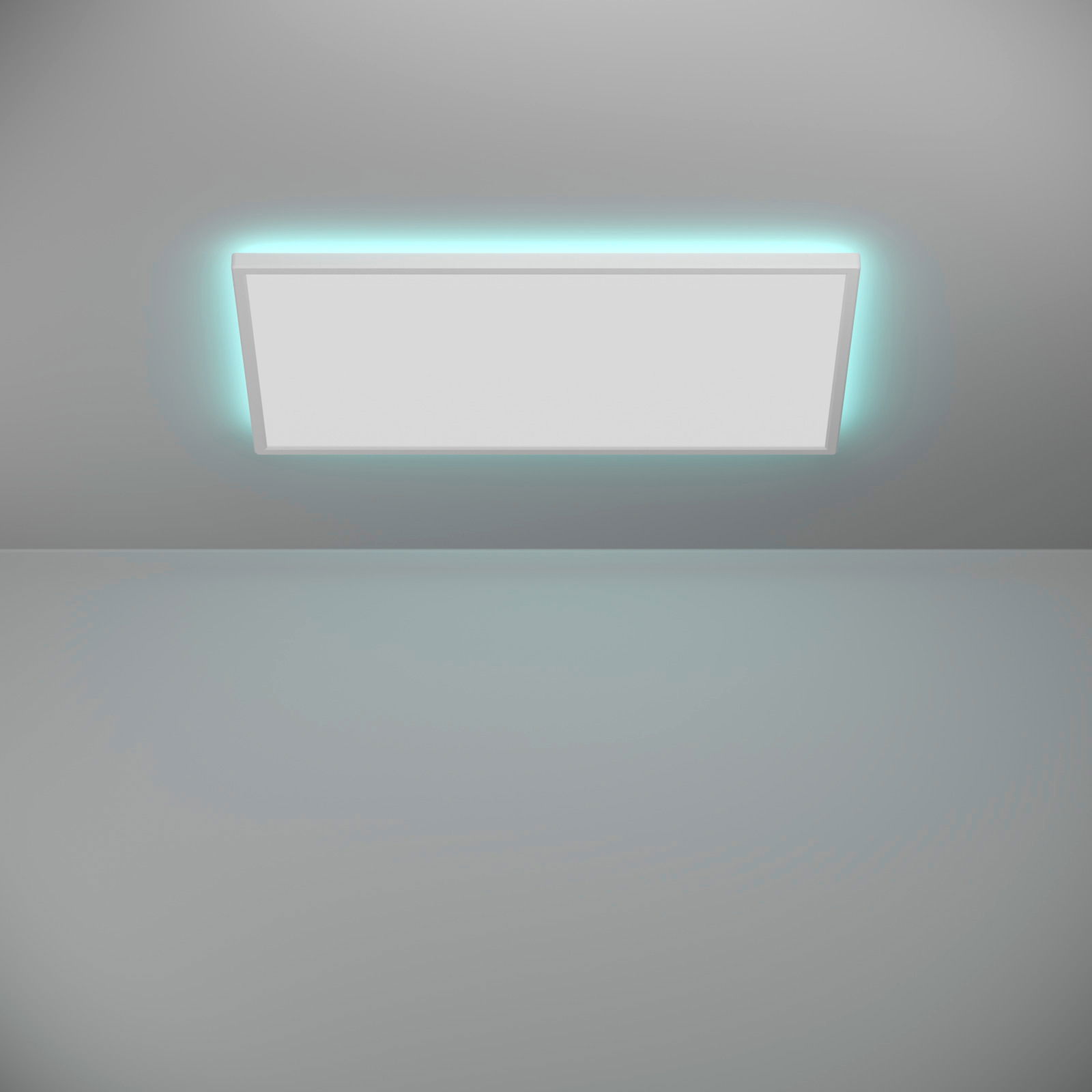 Rechteckige LED-Deckenleuchte ROVITO-Z mit sanftem, blauem Umgebungslicht, von unten betrachtet.