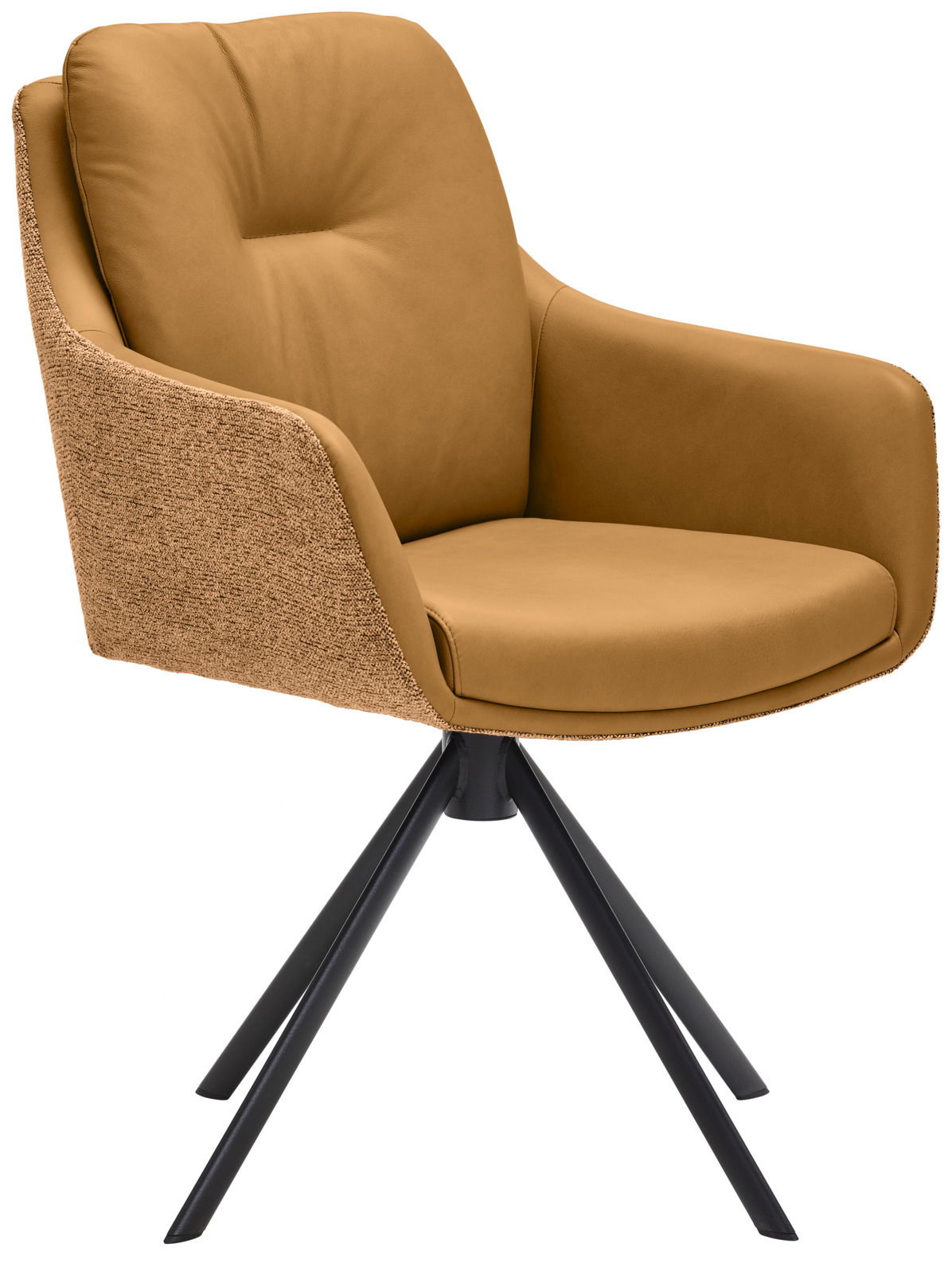 Moderner Armlehnstuhl in braunem Leder mit schwarzem Metallgestell, seitliche Perspektive