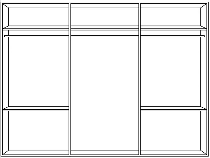 Frontansicht eines dreitürigen Schwebetürenschranks mit mehreren Regalfächern.