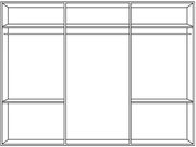 Frontansicht eines dreitürigen Schwebetürenschranks mit mehreren Regalfächern.