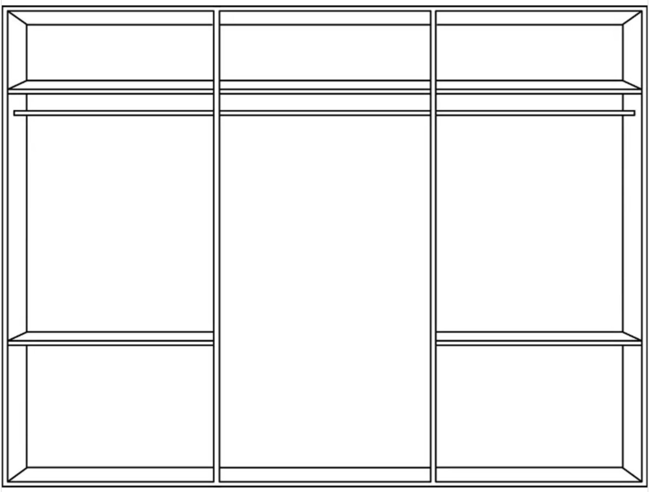 Frontansicht eines dreitürigen Schwebetürenschranks mit mehreren Regalfächern.