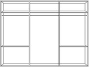 Frontansicht eines dreitürigen Schwebetürenschranks mit mehreren Regalfächern.