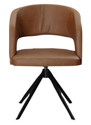 Brauner Armlehnstuhl aus Leder mit schwarzem Metallgestell, Frontalansicht