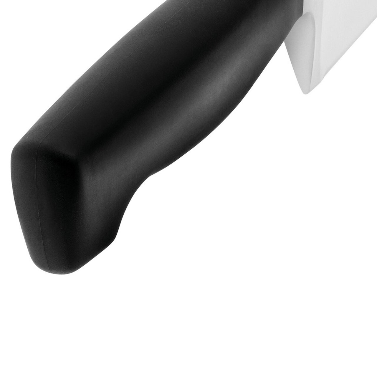 Nahaufnahme des schwarzen Griffs eines Fleischmessers aus der VIER STERNE Serie, seitliche Perspektive.